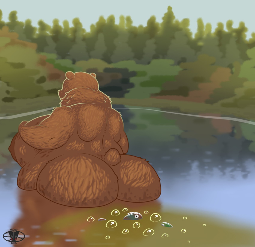 anthro ass bear big_butt brown_bear bubble casual_nudity day dead_fish fart fart_bubbles fart_fishing farting_underwater fat_bear fat_belly female fish half_submerged hi_res lake light mammal marine nude obese obese_anthro obese_female overweight overweight_anthro overweight_female partially_submerged plant scenery skunk_bunk small_tail solo standing_in_water sunlight tail tree ursine water