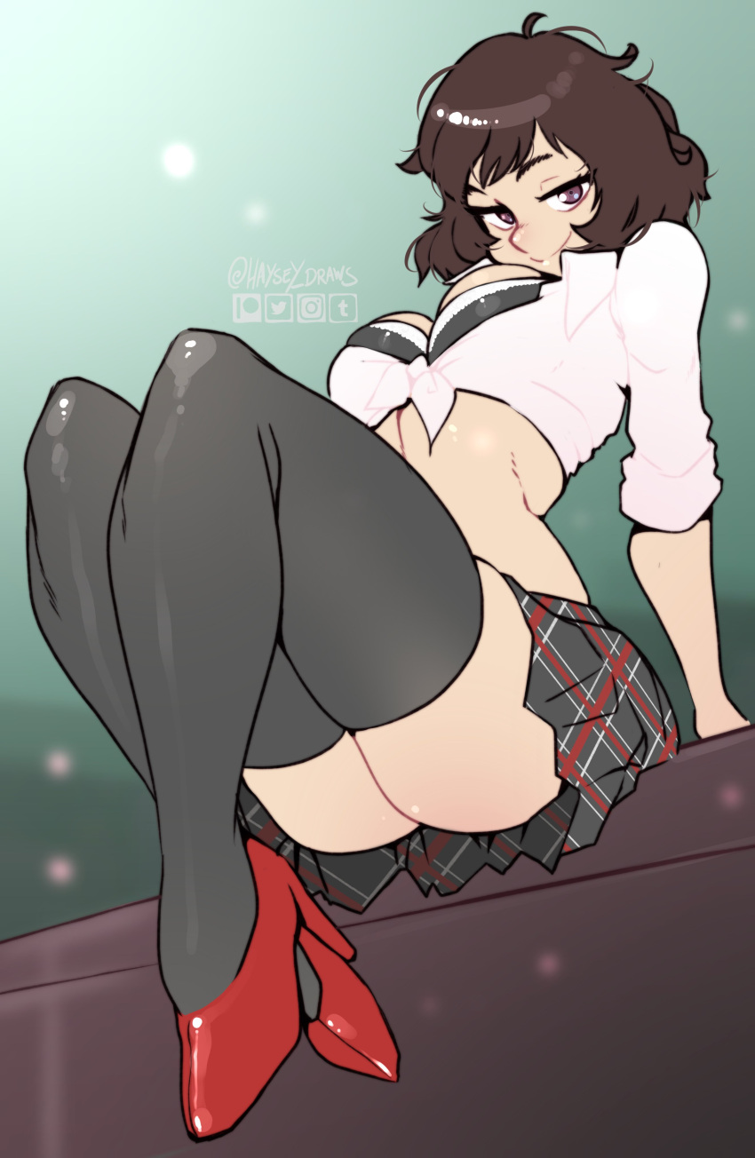 1girls ass_focus atlus big_ass big_breasts bra_cups_sticking_out brown_eyes brown_hair college_student cosplay female female_only front-tie_top haysey_draws high_heels inviting_to_sex looking_at_viewer looking_down looking_pleasured megami_tensei miniskirt no_panties persona persona_5 persona_5_royal red_heels red_skirt sadayo_kawakami schoolgirl schoolgirl_uniform shirt_up short_hair skirt slim_waist solo solo_female stocking stockings student teenage_girl teenager thick_ass tied_shirt uniform uniform_top video_game video_games waist white_skin