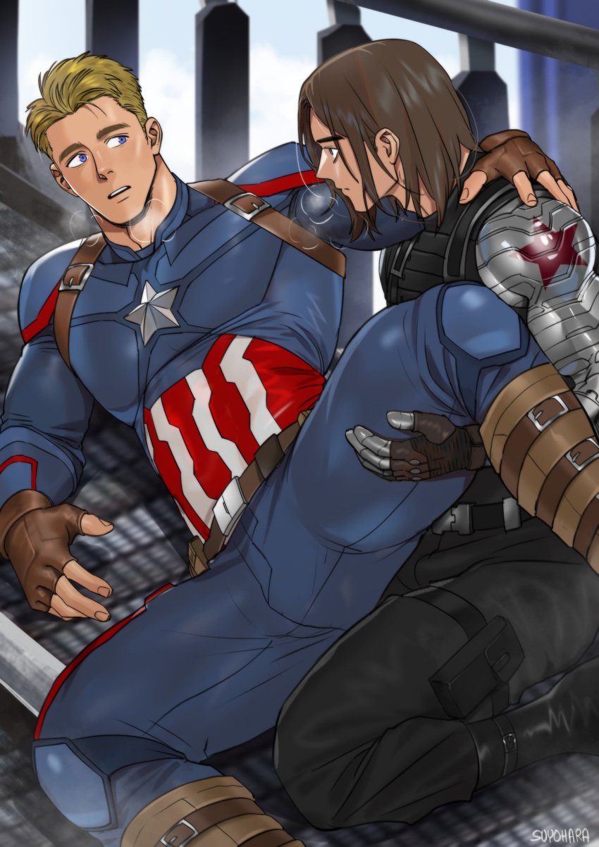 bara big_chest blonde_hair blush breath bucky_barnes captain_america cartoony clothed comic costume crotch cybernetic_arm cybernetic_limb cybernetics dark_hair fingerless_gloves fully_clothed gay gloves hand_on_partner hand_on_shoulder hand_on_thigh hand_under_thigh harness long_hair looking_at_partner male_only marvel marvel_cinematic_universe marvel_comics metal_arm prosthetic prosthetic_arm short_hair small_waist spreading_legs steve_rogers suggestive suyohara uniform visible_breath winter_soldier