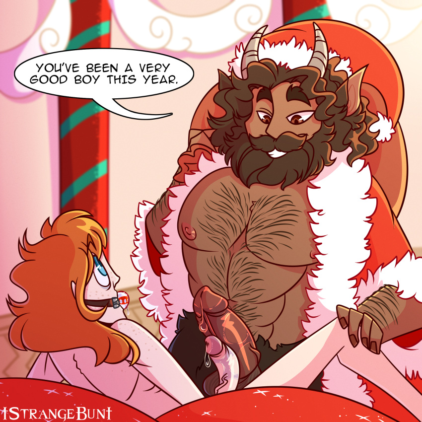 beard bearded boner christmas erection faun gag gagged gay george_(character) ginger hairy human long_hair male_only manly muscle pavel_(character) santa_costume satyr size_comparison strangebun toony xmas