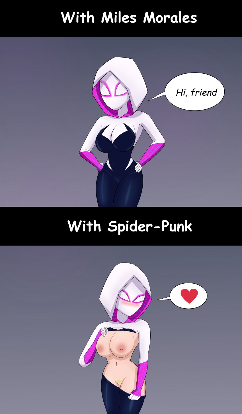 1girls breasts english_text female female_only gwen_stacy marvel mask masked masked_female netorare ntr solo spider-gwen spider-man:_across_the_spider-verse spider-man_(series) text undressing unseen_female_face vakilak