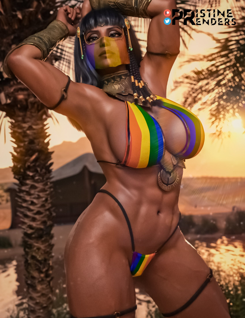 1girls 3d ass beach big_ass big_breasts bikini blizzard_entertainment breasts dark-skinned_female dark_skin dat_ass egyptian egyptian_female female female_only muscular muscular_female overwatch patreon_username pharah pride_color_clothing pride_colors pristinerenders rainbow_bikini rainbow_clothing solo swimsuit tattoo thick_thighs twitter_username wide_hips