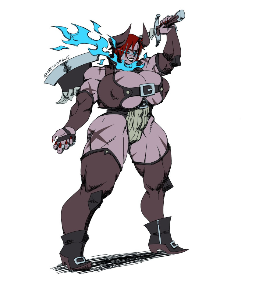 axe big_breasts big_thighs blue_eyes blue_fire breasts crocodraws female fire horn horns muscular muscular_female oc original original_character red_hair scar scars scars_all_over short_hair smile smiling solo solo_female thigh_highs thighs weapon