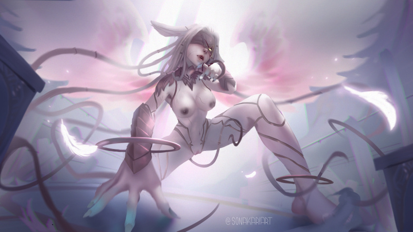 angel_wings areolae bare_pussy blood bunny_ears clawed_fingers corruption crouching dreadlocks feathers female final_fantasy final_fantasy_xiv glowing_eyes mask monster_girl naked naked_female nipples silver_hair sin_eater sonakariart sypha_flowen tentacle_hair viera warrior_of_light_(final_fantasy_xiv) white_skin