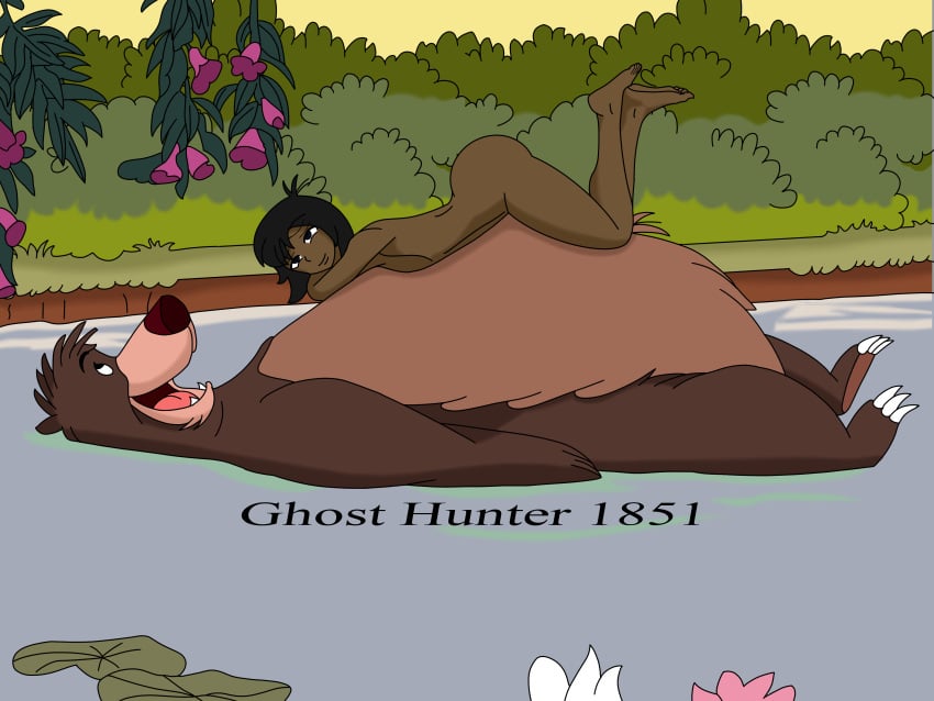 1boy baloo bare_arms bare_back bare_legs bare_shoulders bare_thighs barefoot black_hair bubble_ass bubble_butt commentary_request completely_nude completely_nude_male dark-skinned_male dark_skin disney femboy furry ghosthunter1851(artist) girly huge_ass lying_on_person lying_on_stomach male_only mowgli nude nude_male river the_jungle_book