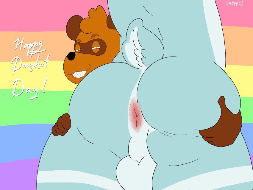 absurd_res animal_crossing anthro anus ass balls big_butt brown_body brown_fur cake_top cake_top_(cake_top) canid canine capreoline deer digital_media_(artwork) duo fur gay gay_pride gay_pride_colors genitals hair hand_on_butt hi_res huge_butt lgbt_pride male male/male mammal nintendo nude pride_colors raccoon_dog rainbow_pride_colors reindeer smile tanuki text tom_nook toothy_grin