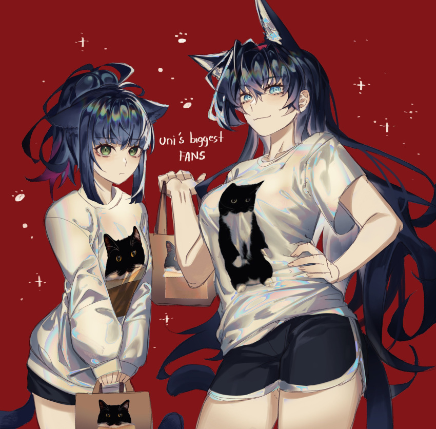 2girls animal_ear_fluff animal_ears arknights big_breasts blaze_(arknights) blue_eyes blue_hair breast_size_difference breasts cat cat_ears cat_girl cat_shirt cat_tail cute extra_ears female green_eyes hairband hand_on_hip hand_on_own_hip holding holding_bag holding_object jessica_(arknights) light-skinned_female light_skin long_sleeves looking_at_viewer medium_breasts meme meme_attire paw_print ponytail red_background red_hairband shirt short_ponytail short_shorts short_sleeves shorts smile uni_the_cat very_long_hair weichunchunn