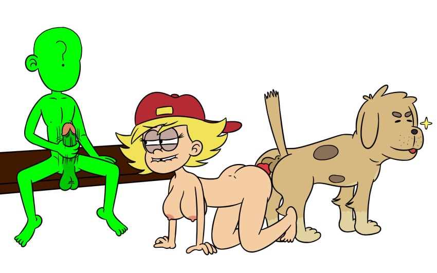 1girls adullperson aged_up anon bestiality blonde_hair canine canine_penis furry lana_loud light-skinned_female looking_at_another masturbation non-anthro nude older penis red_hat sideways_hat the_loud_house white_background zoophilia