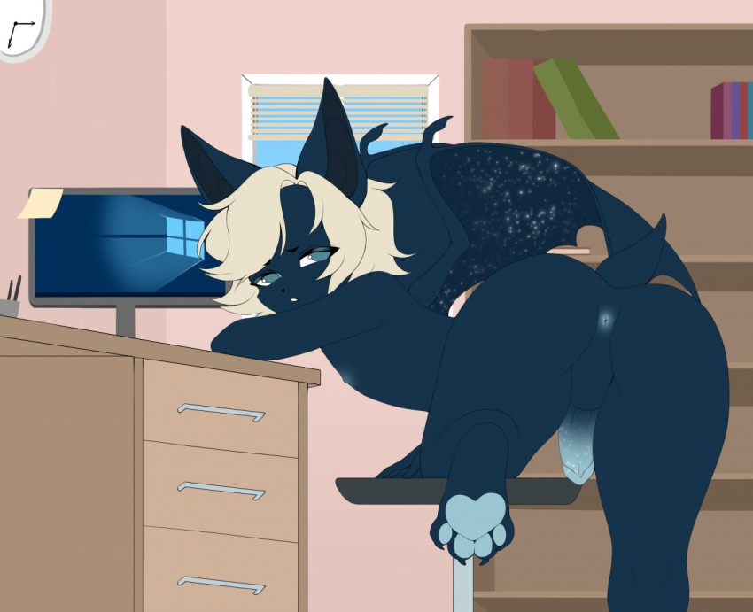 anthro ass balls bat bookshelf desk erection furniture genitals looking_at_viewer looking_back male mammal myahw nightswing nipples nude office pawpads paws presenting presenting_hindquarters rear_view solo spacebat table windows_logo wings