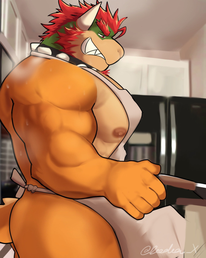 2023 anthro apron apron_only barazoku beard biceps big_bulge big_muscles bodily_fluids bowser bulge clothed clothing collar cooking cookware deedea deltoids erection erection_under_clothing eyebrows facial_hair frying_pan hair hi_res horn huge_bulge huge_muscles inside kitchen kitchen_utensils koopa male male_only mario_(series) muscular muscular_anthro muscular_male musk narrowed_eyes nintendo nipples non-mammal_nipples pecs scalie side_view smile solo spiked_collar spikes standing sweat teeth tenting text thick_thighs tools triceps url