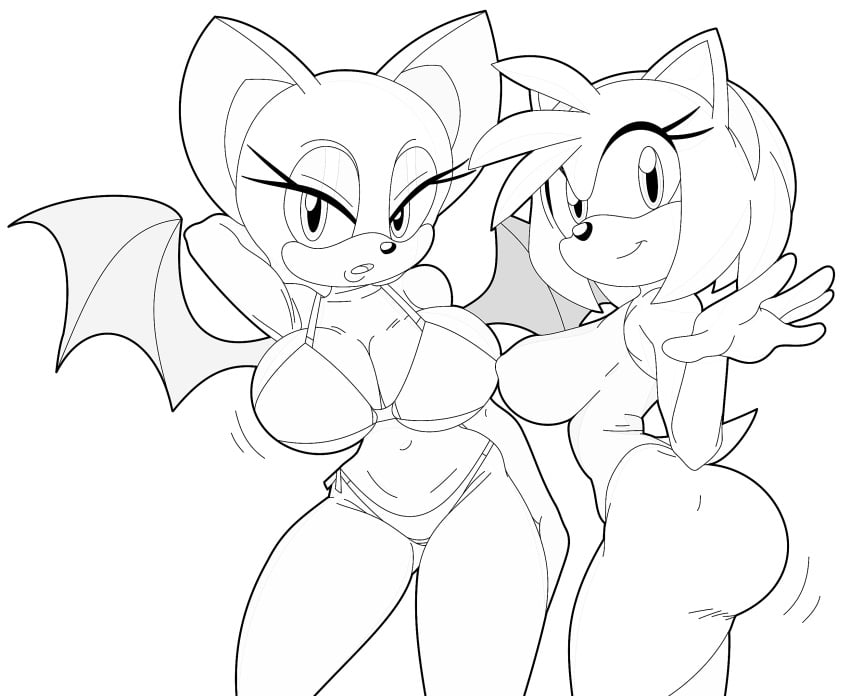 amy_rose anthro bat big_breasts bikini cleavage female hedgehog huge_ass huge_breasts huge_butt looking_at_viewer one-piece_swimsuit rouge_the_bat smile sonic_(series) squidapple suo wings