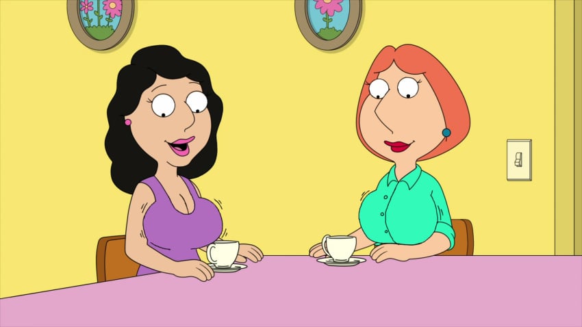 2girls accurate_art_style big_breasts bonnie_swanson breast_expansion breasts busty cleavage eyes_wide_open family_guy female_focus female_only ggedits huge_breasts imminent_lactation imminent_sex imminent_yuri large_breasts lois_griffin looking_at_breasts looking_at_own_breasts looking_down mature_female motion_lines screencap screenshot screenshot_edit staring_at_breasts teacup yuri