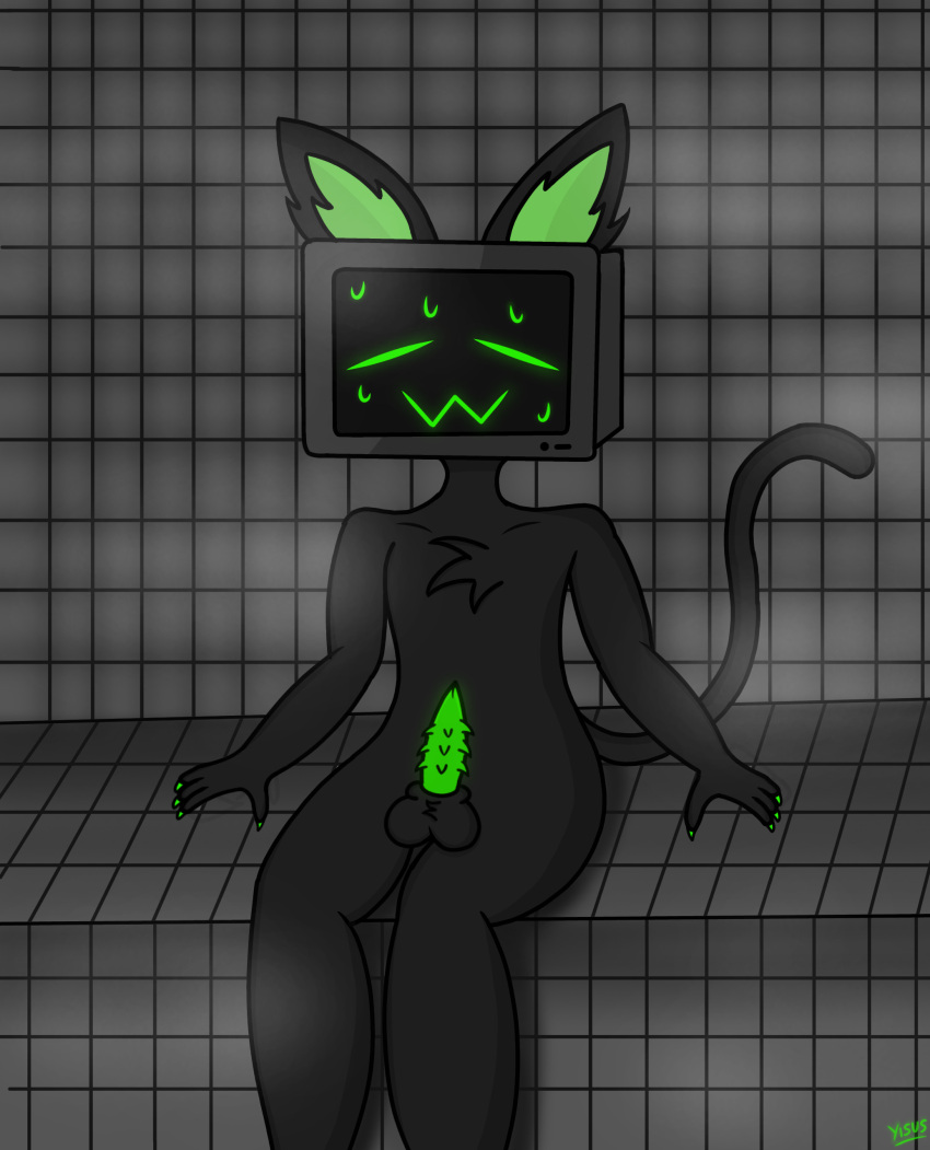 black_body black_cat cat_ears cat_humanoid cat_tail erect_penis erection feline feline_penis furry green_eyes green_penis penis robot shiny_penis sitting solo steam steaming_body testicles theyisus55 tv_head