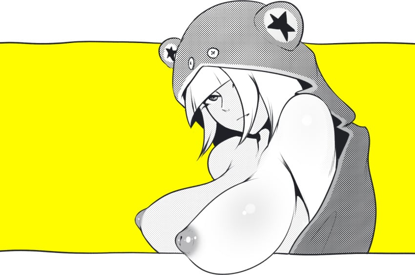 1girls 2021 big_breasts breasts frog hoodie inverted_nipples nipples one_eye_obstructed out_of_frame shiny_skin tailbox