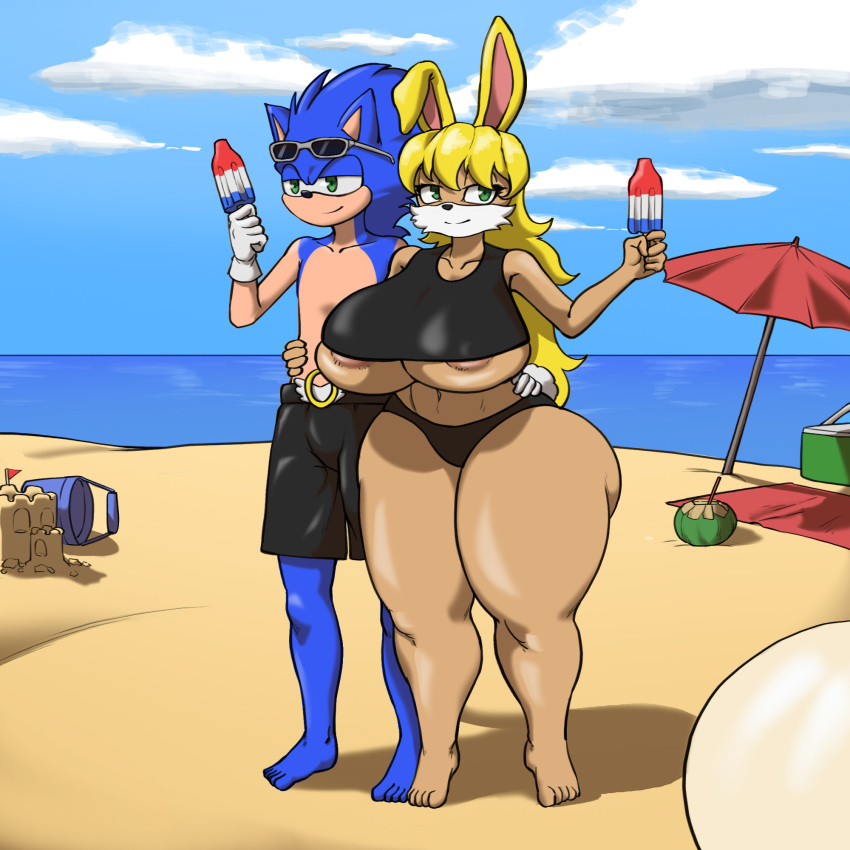 1boy 1girls 2023 animal_ears anthro arm_around_waist barefoot beach big_ass big_breasts big_butt bikini_bottom black_nose blonde_hair blue_body blue_fur blue_hair blue_skin breasts bunnie_rabbot bunny bunny_girl bunny_tail commission couple cropped_torso curvy curvy_body curvy_female curvy_figure duo fur furry gloves green_eyes hand_around_waist hedgehog huge_breasts huge_thighs ice_cream long_ears long_hair mammal megahand6 narrowed_eyes ocean popsicle rabbit rabbit_girl rabbit_tail sandcastle sega shades sky smile sonic_(series) sonic_satam sonic_the_hedgehog sonic_the_hedgehog_(archie) sonic_the_hedgehog_(comics) sonic_the_hedgehog_(series) spiky_hair summer swimming_trunks swimwear tail tan_body tan_fur tan_skin tank_top thick_thighs thighs towel two_tone_fur umbrella white_tail