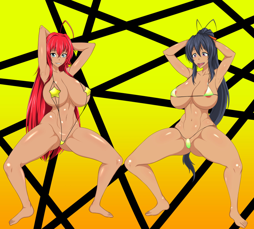 2girls ahoge akeno_himejima areola_slip armpits arms_behind_head arms_up bikini blue_eyes_female blue_hair blue_hair_female censored golden_bikini high_school_dxd huge_breasts long_blue_hair long_hair long_red_hair ponytail red_hair rias_gremory sihkygmojsn silly_face skimpy_bikini sling_bikini smile spread_legs squatting tan tan_body tan_skin teardrop_bikini thick_thighs tongue_out waist_length_hair yellow_bikini yellow_bikini_bottom yellow_bikini_top