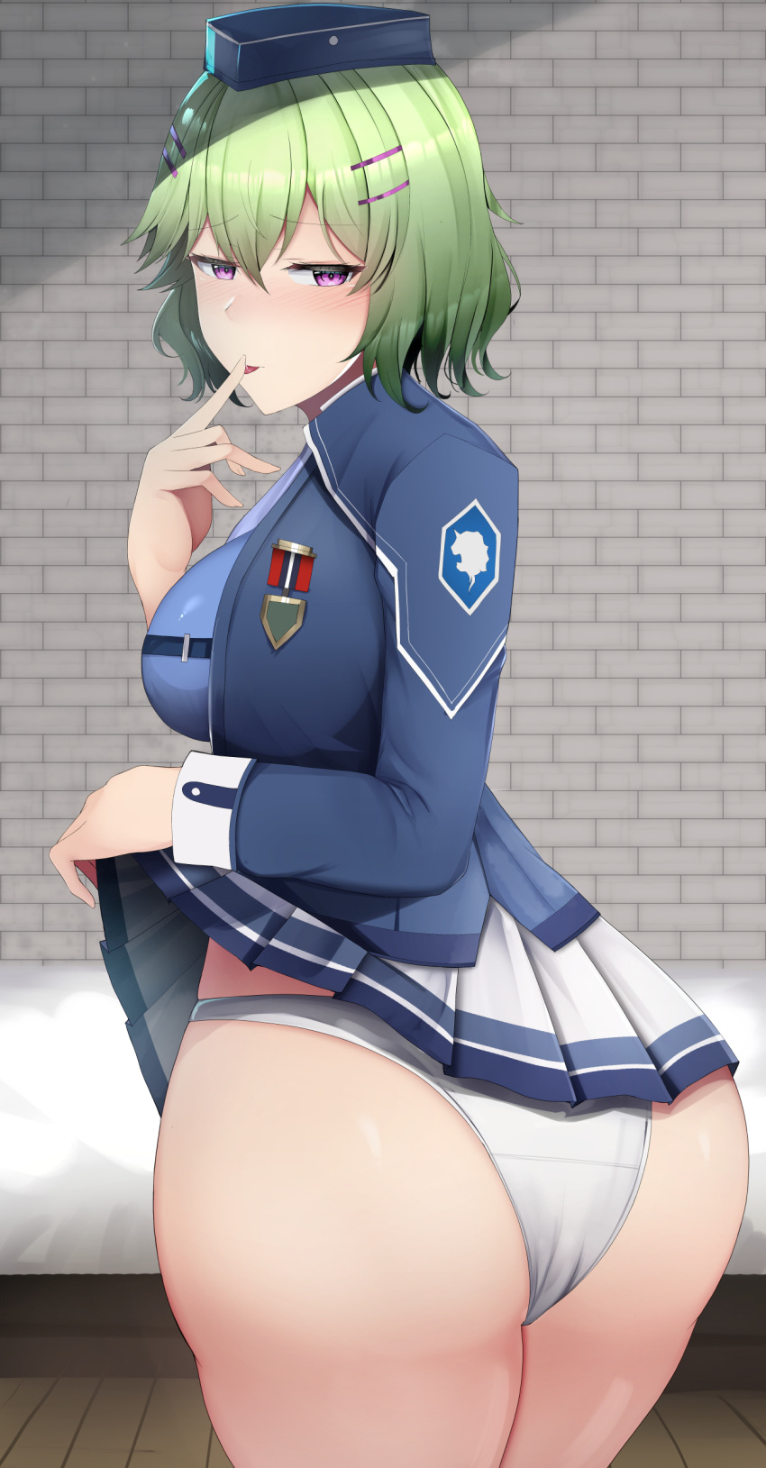 ass blush chiyo_(pk19981234) eiyuu_densetsu finger_on_lip green_hair hat inviting inviting_to_sex looking_at_viewer looking_back musse_egret presenting presenting_hindquarters purple_eyes school_uniform schoolgirl sen_no_kiseki underwear