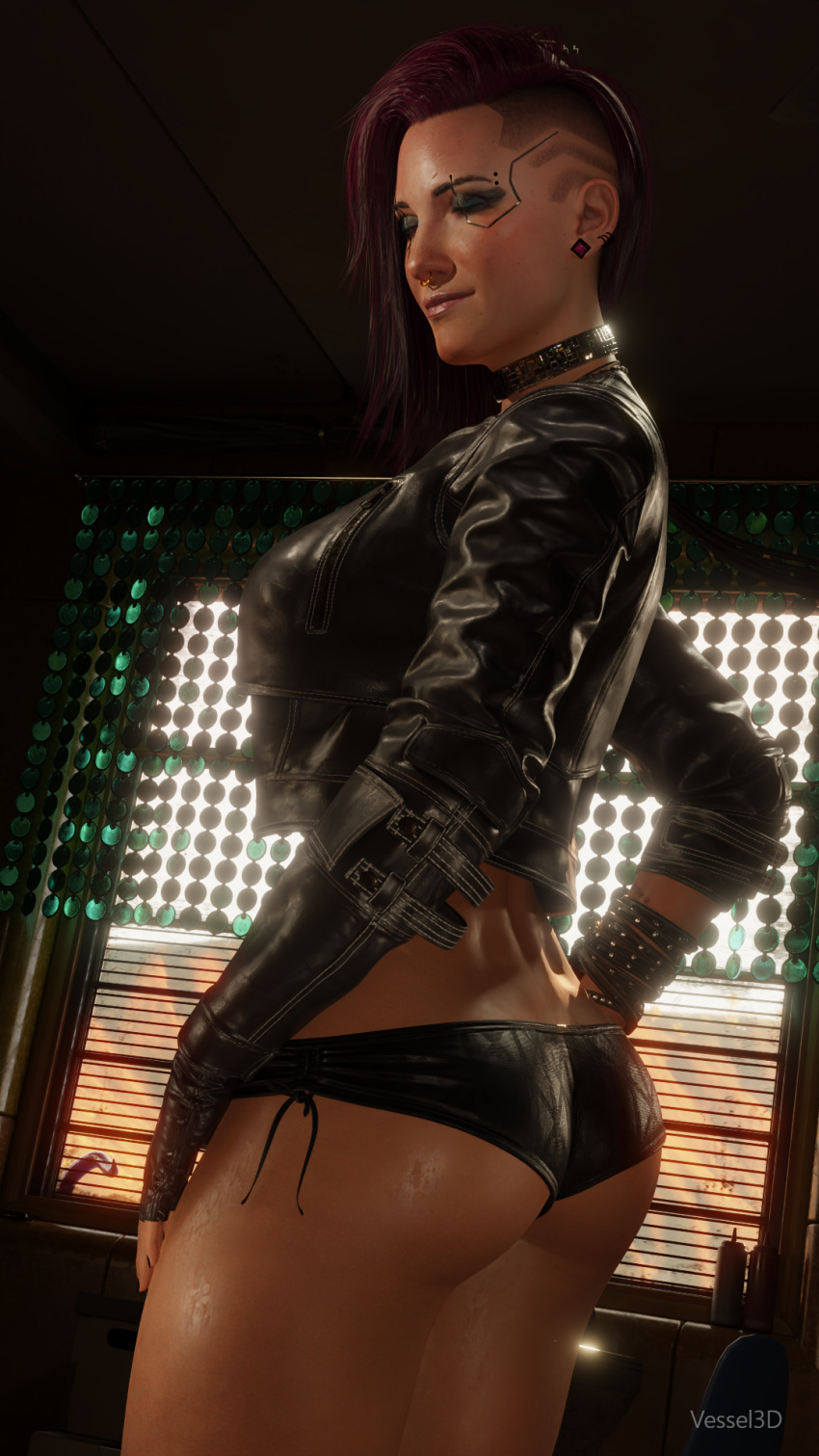 3d ass black_panties cyberpunk_2077 facial_piercing fingerless_gloves leather_clothing leather_jacket solo_female v_(cyberpunk_2077) valerie_(cyberpunk_2077) vessel3d