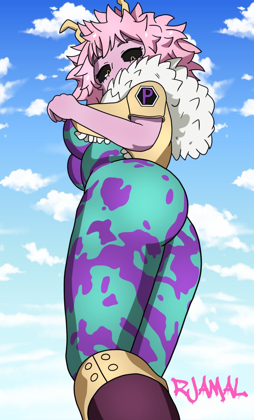 ashido_mina ass back_view big_breasts bodysuit boots breasts curvy hero_outfit_(mha) highres hourglass_figure large_breasts looking_at_viewer looking_back mina_ashido my_hero_academia rjamal sky thick_ass thick_thighs thighs