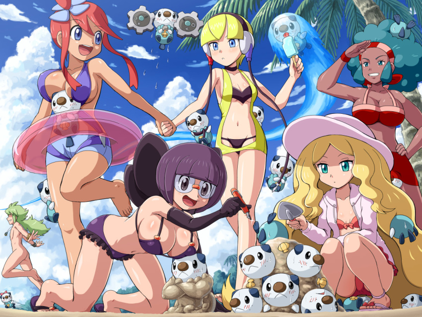 1boy 5girls afro ambiguous_gender ass beach big_breasts bikini black_eyes blonde_hair blue_eyes blue_hair blush breasts caitlin_(pokemon) casual_nudity cleavage dark-skinned_female dark_skin digital_media elesa_(pokemon) exhibitionism feet female female_focus flower_in_hair game_freak green_hair hand_holding holding_ice_cream holding_pencil holding_shovel hooded_jacket hourglass_figure ice_cream klink lenora_(pokemon) light-skinned_female light_skin long_blonde_hair long_hair multiple_girls n_(pokemon) natural_harmonia_gropius nintendo nude nude_male oshawott outdoors pencil pokemoa pokemon pokemon_(species) pokemon_bw purple_hair red_hair shauntal_(pokemon) short_blonde_hair short_hair short_purple_hair shovel skyla_(pokemon) small_breasts sun_hat swim_ring swimsuit thick_thighs twintails