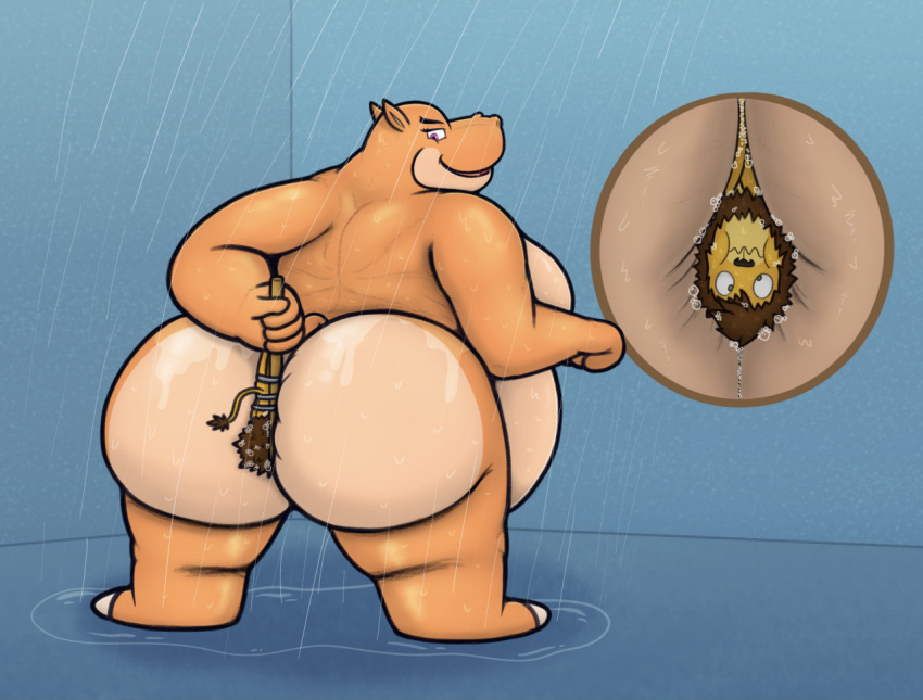 anthro anthro_on_anthro bondage butt_smother femdom furry giantess hippopotamid huge_ass lion malesub overweight_female shower snuggydoug