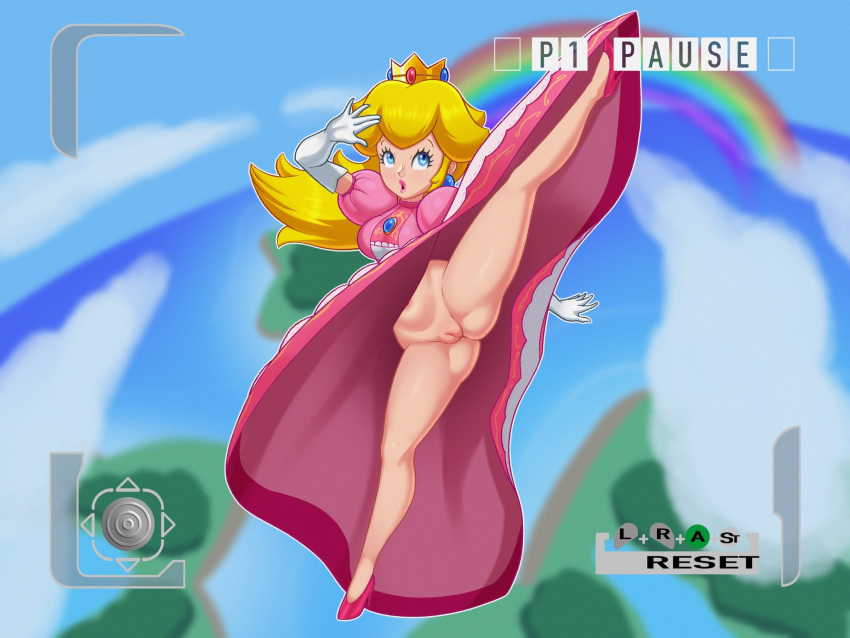 1girls ass big_breasts blonde_hair blue_eyes breasts crown dress earrings female female_only gameplay_mechanics going_commando hi_res high_heels innie_pussy lips long_hair mario_(series) nintendo no_panties outdoors parted_lips paused pink_dress princess_peach pussy sleepiitreat solo spread_legs super_smash_bros. super_smash_bros._melee thick_thighs time_stop