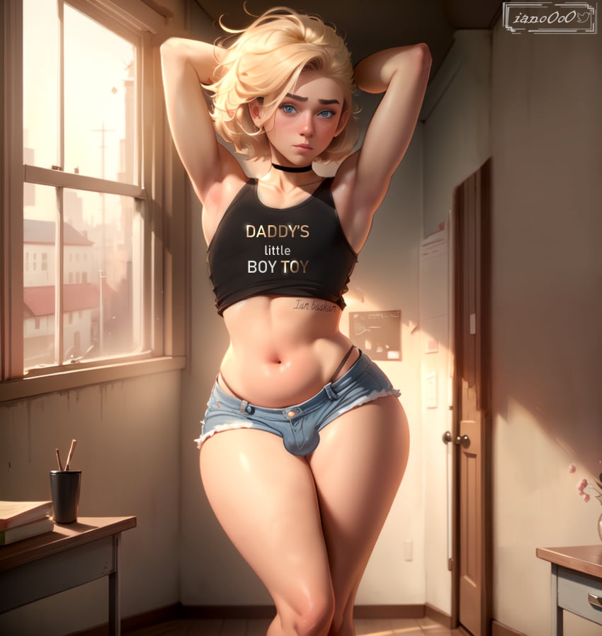 1boy 1femboy ai_generated alexi_(iano0o0) armpits blonde_hair blue_eyes bulge choker clothes_writing crossdressing cute_male denim_shorts english_text femboy ian_baskan iano0o0 light-skinned_male light_skin looking_at_viewer male male_only midriff original posing shorts thick_thighs trap tummy wide_hips