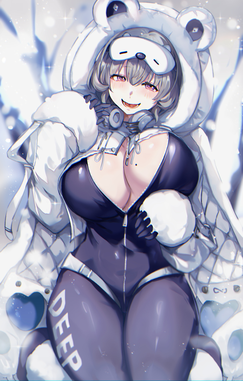 1girls animal_costume bear_hood beauty_mark bodysuit breasts female female_only goddess_of_victory:_nikke grey_hair hoodie huge_breasts leafwow light-skinned_female light_skin neve_(nikke) pink_eyes snow solo unzipped_bodysuit