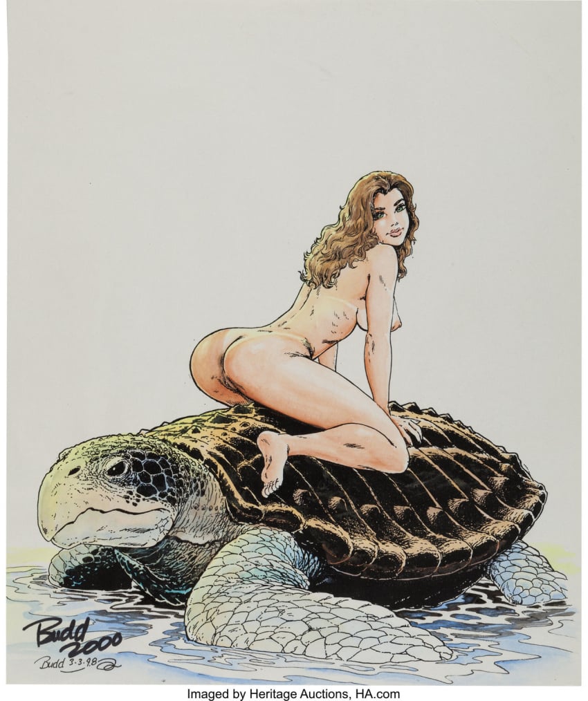 1990s 1998 1girls anus basement_comics blonde_hair breasts brown_hair budd_root cavewoman_(basement_comics) cavewoman_(series) color curly_hair female girl_on_top human meriem_cooper nude nude_female pinup pose pussy sitting tanline turtle unknown_gender water