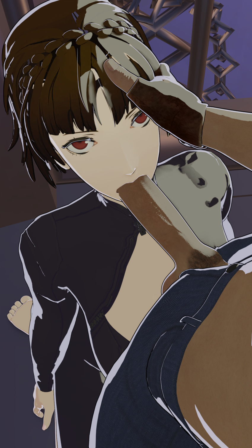 1boy 3d atlus bikini blender blowjob bra breasts brown_hair clothed dark-skinned_male deepthroat emotionless face_fucking female hand_on_head interracial kneeling looking_at_viewer makoto_niijima megami_tensei oral_sex persona persona_5 red_eyes short_hair skapsai skimpy_clothes