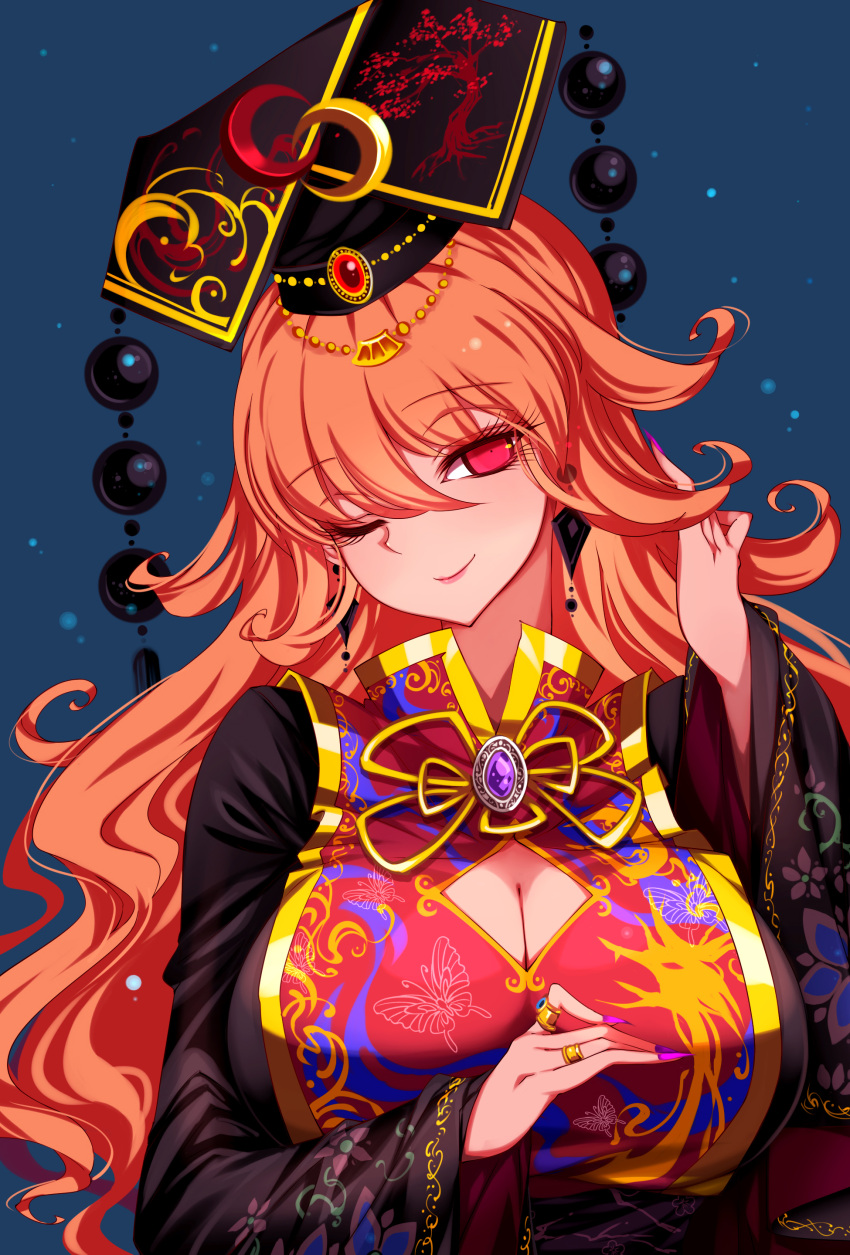 absurdres black_dress blonde_hair blue_background breasts chinese_clothes cleavage cleavage_cutout closed_mouth clothing_cutout dress female fingernails hand_in_own_hair hand_up hat highres jewelry junko_(touhou) large_breasts long_fingernails long_hair long_sleeves looking_at_viewer one_eye_closed raptor7 red_eyes ring simple_background smile solo tabard touhou wide_sleeves