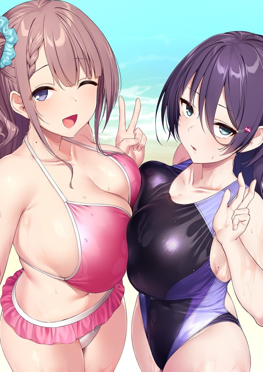 2girls ;d asaba_ibuki bare_legs bare_shoulders beach big_breasts bikini bikini_skirt black_hair black_one-piece_swimsuit blue_eyes blush braid breast_press breasts brown_hair cleavage competition_swimsuit cowboy_shot day female female_only from_above hair_between_eyes hair_ornament hair_scrunchie hairclip halterneck highleg highleg_swimsuit highres large_breasts light-skinned_female light_skin long_hair looking_at_viewer microskirt mole mole_on_breast mole_on_neck multiple_girls navel ocean one-piece_swimsuit one_eye_closed one_side_up open_mouth original outdoors parted_lips peace_sign pink_bikini satou_kuuki scrunchie selfie shirosaki_koharu sidelocks skirt smile standing stomach swimsuit symmetrical_docking upturned_eyes v wet wet_clothes wet_skin wet_swimsuit