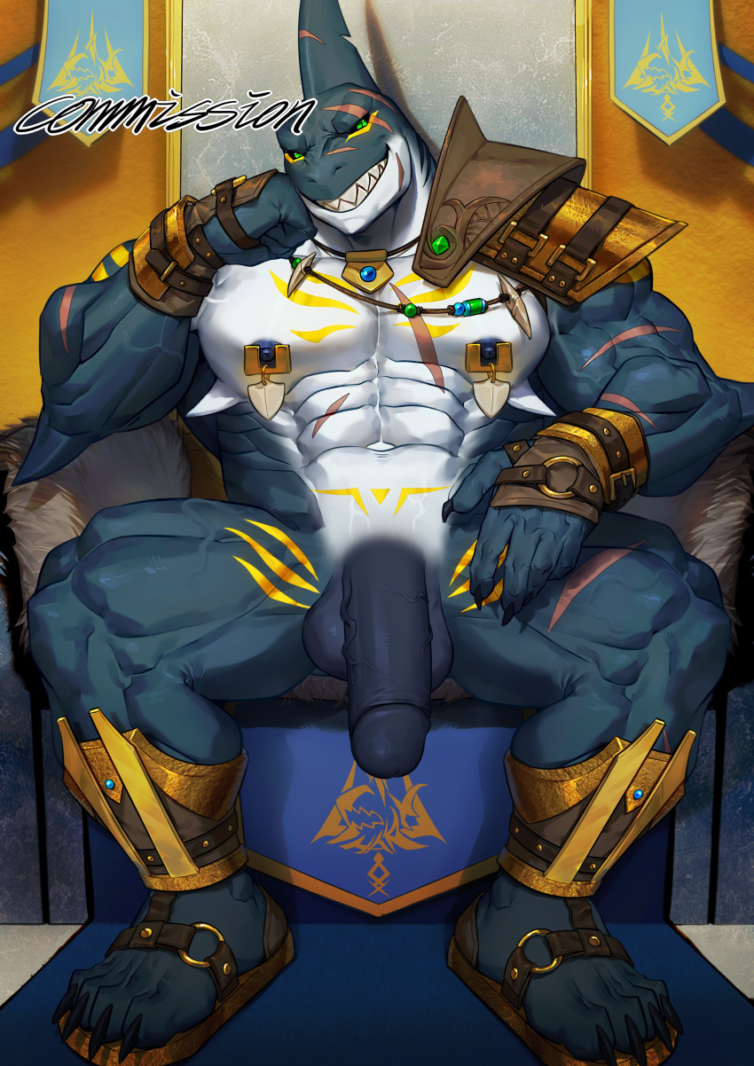 2022 4_toes 5_fingers abs absurd_res anthro arm_scar armor balls banner biceps black_sclera blue_body blue_carpet blue_nipples blue_penis blue_scales chair chest_markings chest_scar claws clothing dylan_(alvintanubis) facial_scar finger_claws fish footwear furniture genitals gold_(metal) gold_armor green_eyes grin hi_res jewelry leg_markings leg_scar li_geduld male male_only marine markings muscular muscular_anthro muscular_male muscular_thighs navel necklace nipple_piercing nipples obliques pecs penis piercing sandals scales scar shark shin_guards shoulder_guards smile solo thigh_markings thigh_scar throne throne_room toe_claws vein veiny_penis white_body white_scales wrist_guards yellow_markings yellow_wall