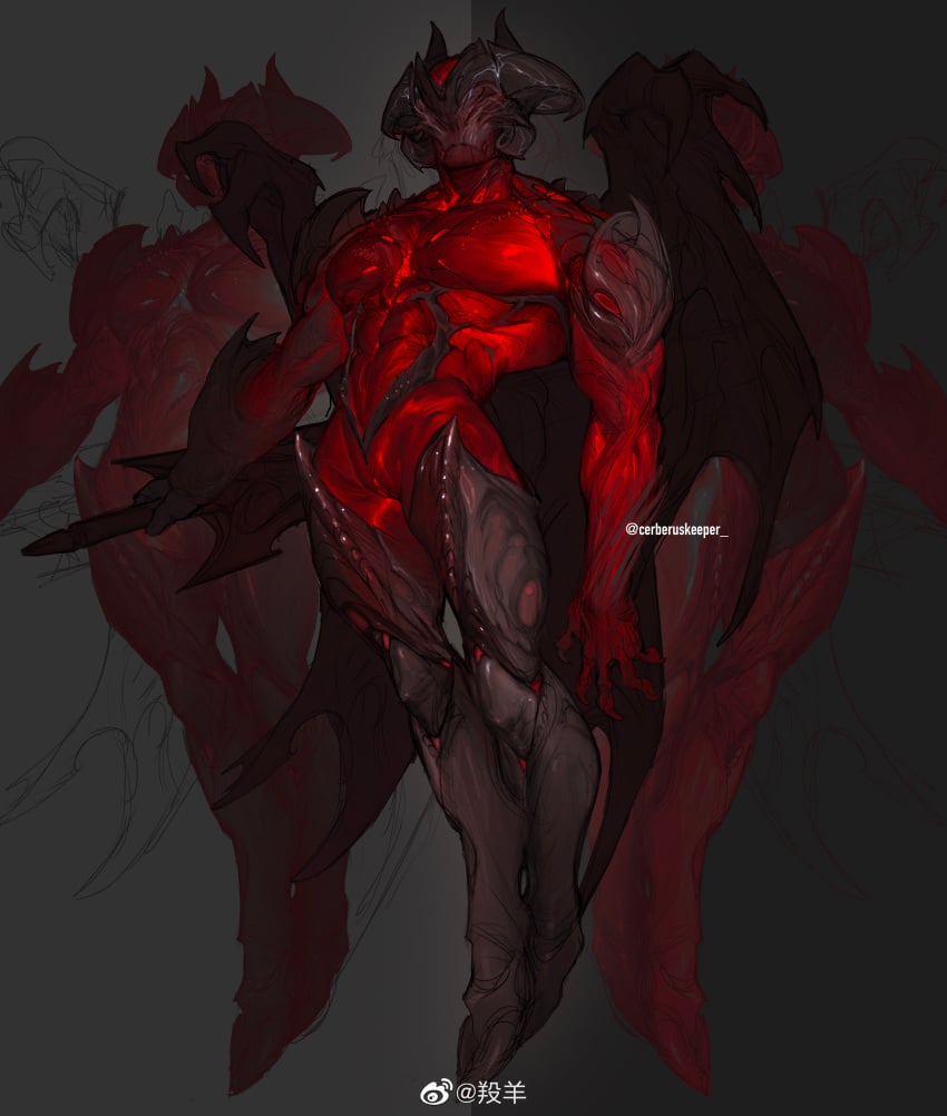 1boy aatrox absurdres bara big_breasts big_pecs black_skin colored_skin cuntboy curled_horns darkin darkin_(league_of_legends) demon demon_boy demon_wings floating full_body grey_background highres holding holding_sword holding_weapon horns intersex league_of_legends league_of_legends:_wild_rift male_focus monster_boy multiple_views muscular muscular_male pussy red_skin riot_games shiny_skin shoulder_spikes spikes standing sword weapon wings xkov_(cerberuskeeper)