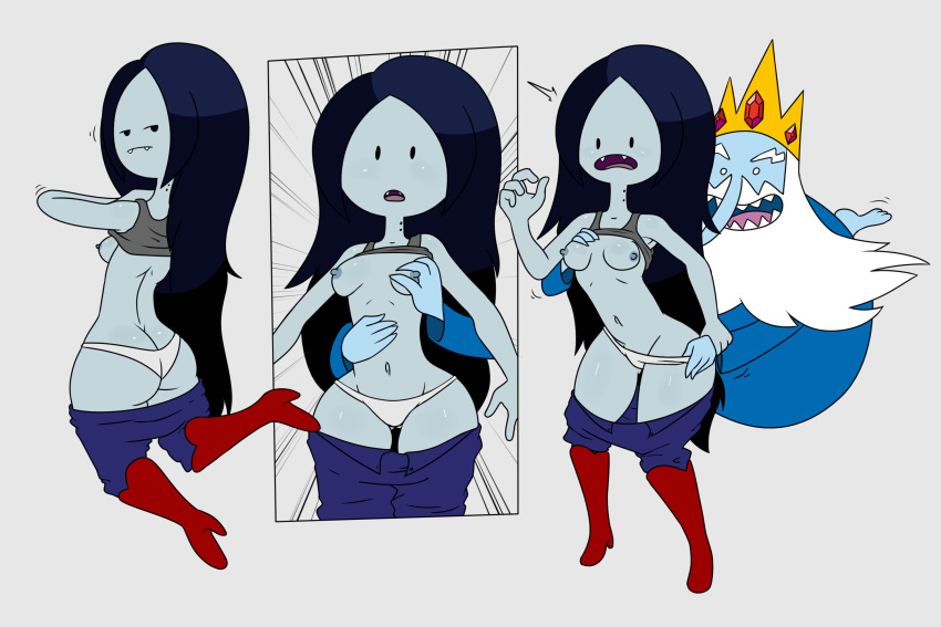 1boy 1girls 5tflldartist5 adventure_time ass black_hair boots breasts butt_crack female grabbing grabbing_breasts grabbing_from_behind groping groping_breasts ice_king jeans looking_back male marceline navel nipples panties pants_down panty_pull sexual_harassment suprised surprised thick_thighs thighs white_hair white_panties wide_hips