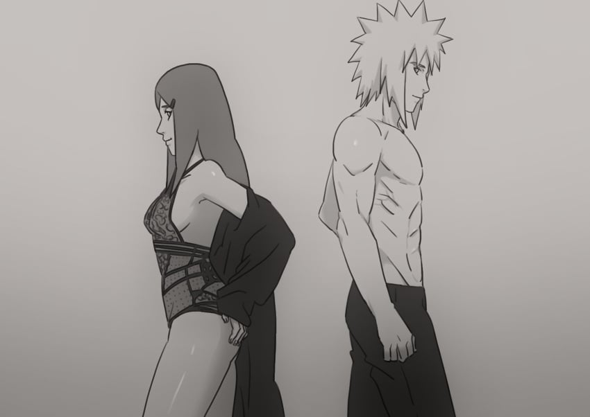 1boy 1boy1girl 1girls babydoll back_to_back before_sex breasts canon_couple coat couple greyscale husband_and_wife leotard lingerie long_hair looking_at_another looking_at_each_other looking_at_partner looking_back male/female monochrome namikaze_minato nanxdaime naruto naruto_(series) naruto_shippuden pants robe shirtless shirtless_(male) sideboob straight underwear uzumaki_kushina very_long_hair