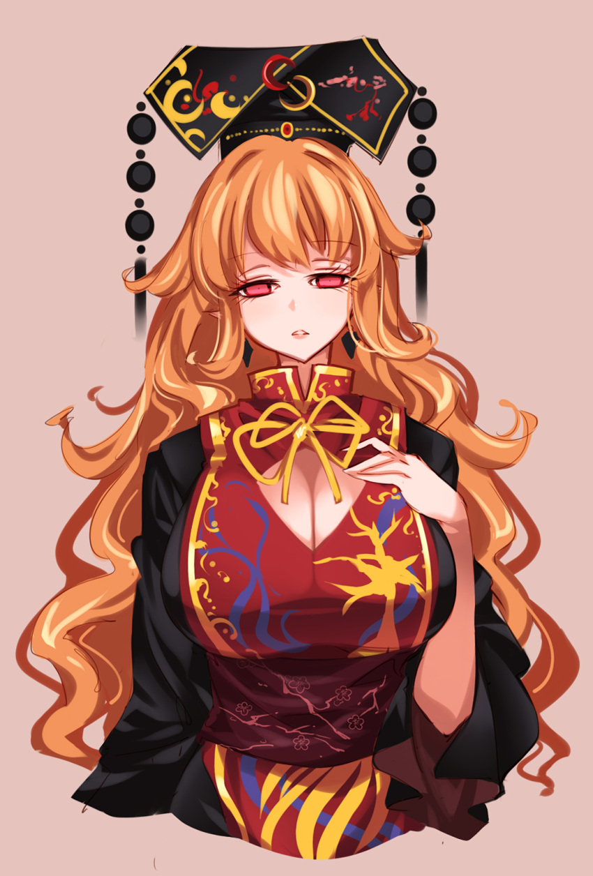 black_dress blonde_hair bow bowtie breasts brown_background chinese_clothes cleavage cleavage_cutout clothing_cutout crescent curvy dress female hair_between_eyes headdress highres junko_(touhou) large_breasts long_hair orange_hair raptor7 red_eyes simple_background tabard tassel touhou wide_hips wide_sleeves yellow_bow yellow_bowtie