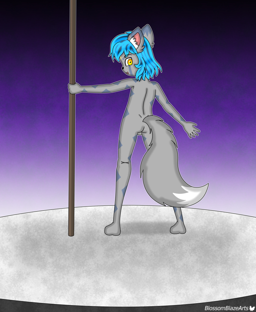 absurd_res anthro ass balls blossomblaze blue_hair canid canine dancing fan_character fox freckles genitals hair hi_res humanoid long_tail looking_at_viewer looking_back looking_back_at_viewer male mammal nude pole pole_dancing pose rear_view short_hair solo spread_arms spread_legs spreading stage tail tongue tongue_out wintale yellow_eyes