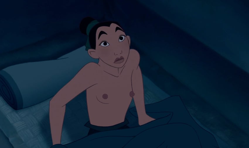 accurate_art_style asian asian_female black_hair champelli chinese disney disney_princess edit fa_mulan flat_chest mulan mulan_(1998_film) nipples screenshot screenshot_edit shocked small_breasts