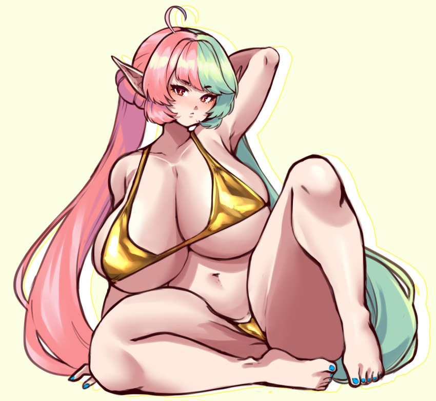 1girls ahoge arm_behind_head bent_leg bikini blue_nail_polish blue_toenail_polish female female_only gold_bikini green_hair hi_res huge_breasts jojoniumart light-skinned_female light_skin long_hair looking_at_viewer mochi_(jojoniumart) pink_hair pointy_ears red_eyes solo thick_thighs two_tone_hair very_long_hair yellow_background