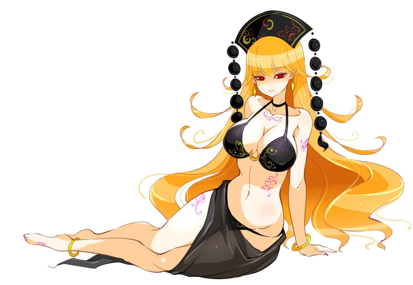 anklet barefoot bikini black_bikini blonde_hair bracelet breasts cleavage crescent earrings female full_body groin halterneck highres jewelry junko_(touhou) large_breasts light_smile long_hair looking_at_viewer nail_polish navel pink_nails pointy_ears raptor7 red_eyes sarong simple_background solo stomach swimsuit tassel tattoo touhou very_long_hair wavy_hair white_background