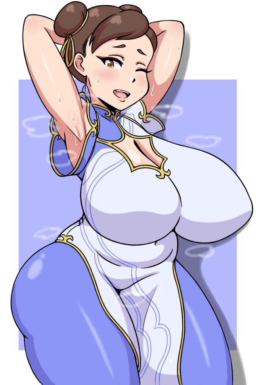 1girls arms_behind_head big_breasts breasts busty chun-li cleavage curvaceous curvy curvy_body curvy_female curvy_figure female female_only fully_clothed hands_behind_head huge_breasts large_breasts plump plump_ass solo street_fighter street_fighter_6 thick_thighs thighs voluptuous winzaku_(asakura)