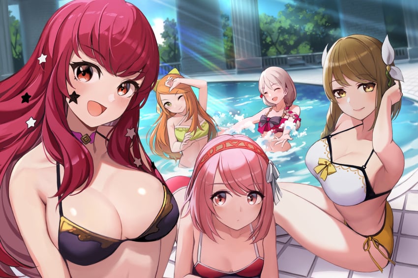 5girls :d ^_^ alternate_costume bare_shoulders bikini black_bikini blue_sky breasts brown_eyes brown_hair choker cleavage closed_eyes commentary day etie_(fire_emblem) facial_mark female female_only fire_emblem fire_emblem_engage framme_(fire_emblem) goldmary_(fire_emblem) green_bikini green_swimsuit grey_hair hair_ornament hair_ribbon hairband lapis_(fire_emblem) large_breasts long_hair multiple_girls nintendo open_mouth orange_hair outdoors pink_bikini pink_eyes pink_hair pink_swimsuit pool purple_bikini purple_choker purple_swimsuit red_bikini red_hair red_hairband red_swimsuit ribbon sky small_breasts smile star_(symbol) star_hair_ornament swimsuit tuna_picture two-tone_bikini water white_bikini white_ribbon white_swimsuit yellow_bikini yellow_swimsuit yunaka_(fire_emblem)