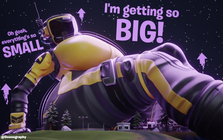 3d ass blender breasts breasts_bigger_than_head doonography expansion female female_focus female_only fortnite fortnite:_battle_royale giantess giantess_growth growth hazard_agent_(fortnite) hazmat hazmat_suit helmet hourglass_expansion hourglass_figure huge_breasts latex leaning_back night nighttime sitting stars text thick_thighs thighs