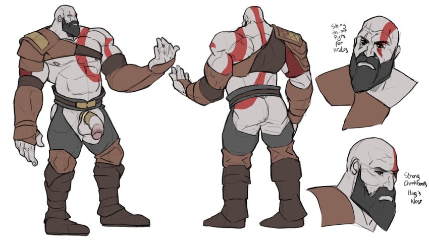 ass assless_pants bald balls bara beard body_markings clothed clothing cock_ring crotchless_clothes facial_hair flaccid god_of_war grey_body kratos male male_only muscles muscular penis rickleone solo solo_male