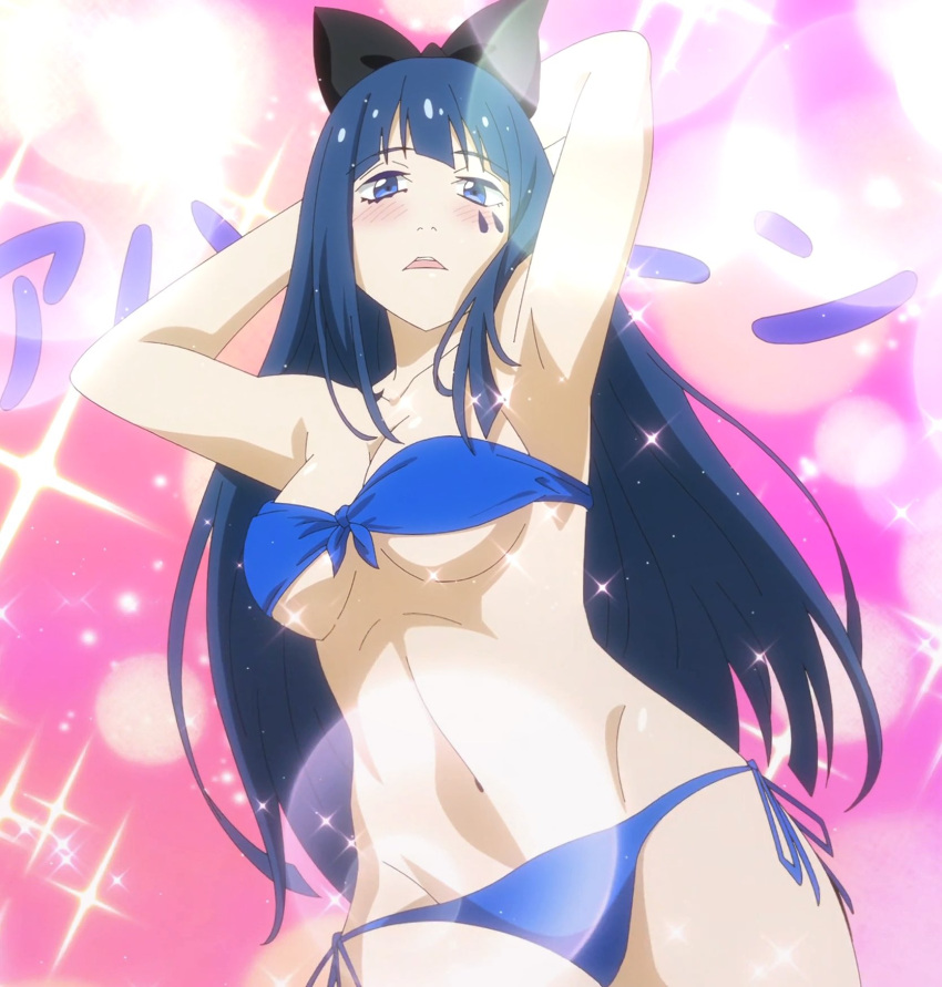 1girls armpits arms_behind_head bandeau_bikini big_breasts bikini blue_hair blush breasts busty character_request cleavage female female_only front-tie_bikini_top front-tie_top hair_ribbon highres large_breasts legs looking_at_viewer navel pose posing ribbon screencap sensual sexy_armpits solo stitched thighs third-party_edit underboob voluptuous