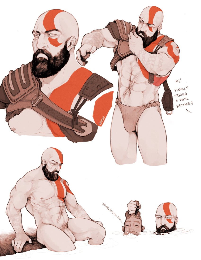 bald balls bara beard body_markings bulge casual_nudity facial_hair god_of_war grey_body head kratos male male_only mimir_(god_of_war) muscles muscular nude penis stuckinapit undressing water