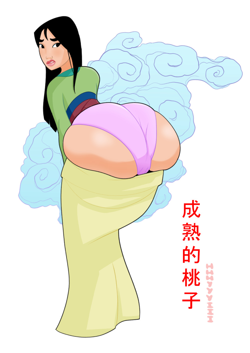 1girls artist_name ass ass_expansion black_hair chinese_text disney disney_princess fa_mulan female female_only hhhyyyiii huge_ass kimono long_black_hair long_hair mulan mulan_(1998_film) panties solo text translation_request wardrobe_malfunction white_background