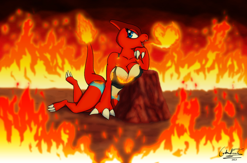 3_fingers anthro blue_eyes bottomwear breasts burned_clothing burning charmeleon clothing elemental_manipulation female fingers fire fire_manipulation flaming_tail generation_1_pokemon hi_res nintendo overlord_gabriel pokemon pokemon_(species) red_body reptile rock scalie shorts solo tail