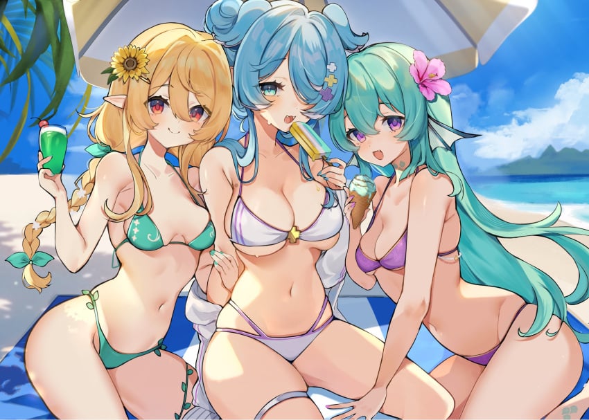 3girls beach bikini blonde_hair blue_eyes blue_hair cleavage drink elf_ears elira_pendora female female_only finana_ryugu flower_in_hair green_hair hair_wings head_wings ice_cream lazulight lily_(flower) nijisanji nijisanji_en oimo_buster orange_eyes pomu_rainpuff popsicle purple_eyes seaside small_breasts sunflower swimsuit virtual_youtuber